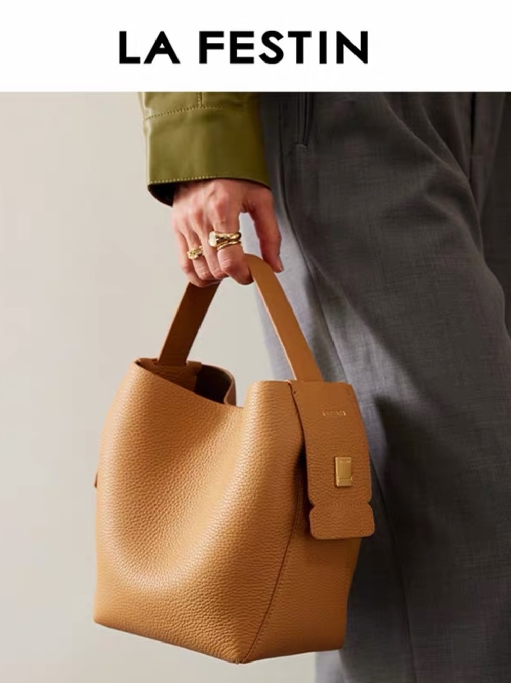 LA FESTIN Pebbled Leather Hobo Tote in Caramel Tan